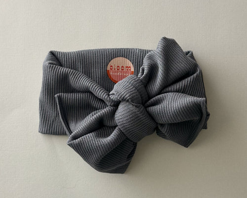Oversized Bow Charcoal Mini Ribbed Tie On Headwrap