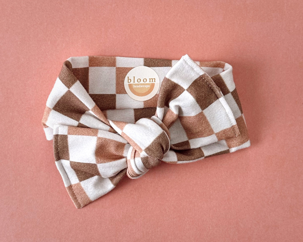 Brown Multi Check Tie On Headwrap