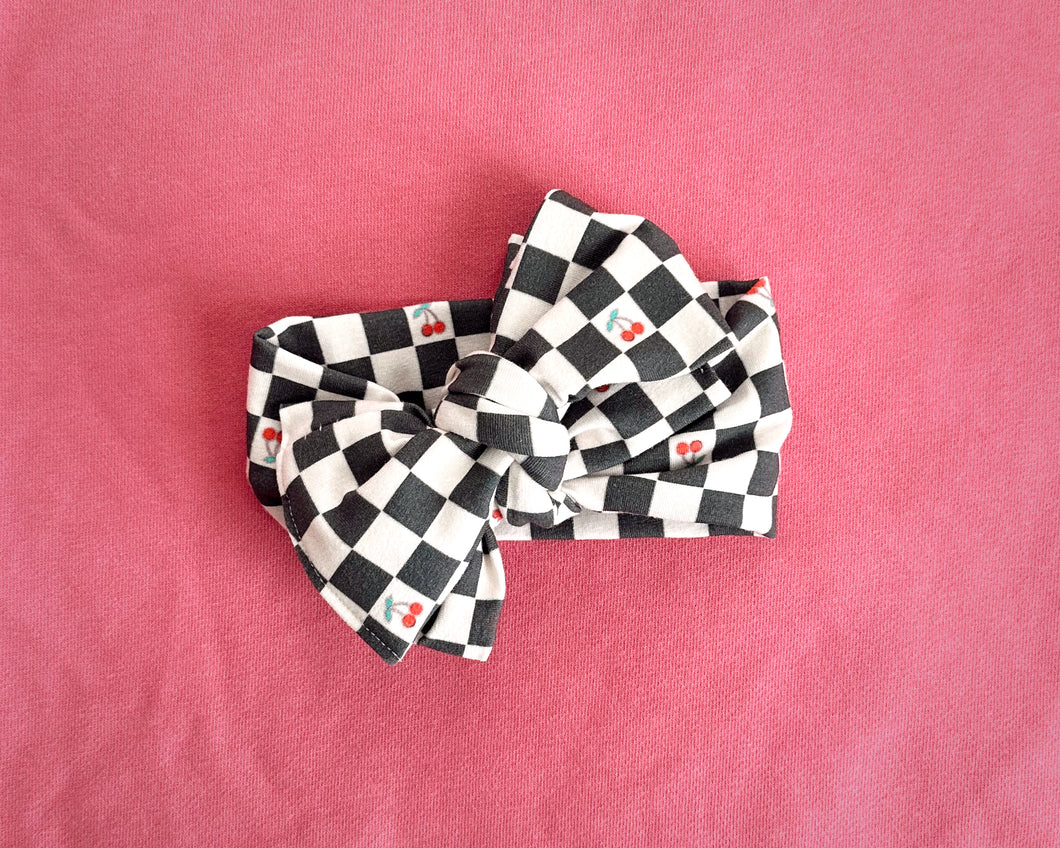 Oversized Bow Cherry Check Tie On Headwrap