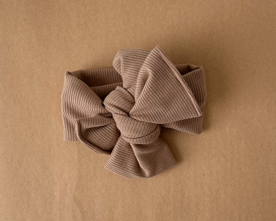 Oversized Bow Camel Mini Ribbed Tie On Headwrap