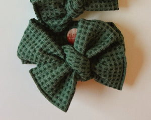 Oversized Bow Forest Green Waffle Tie On Headwrap