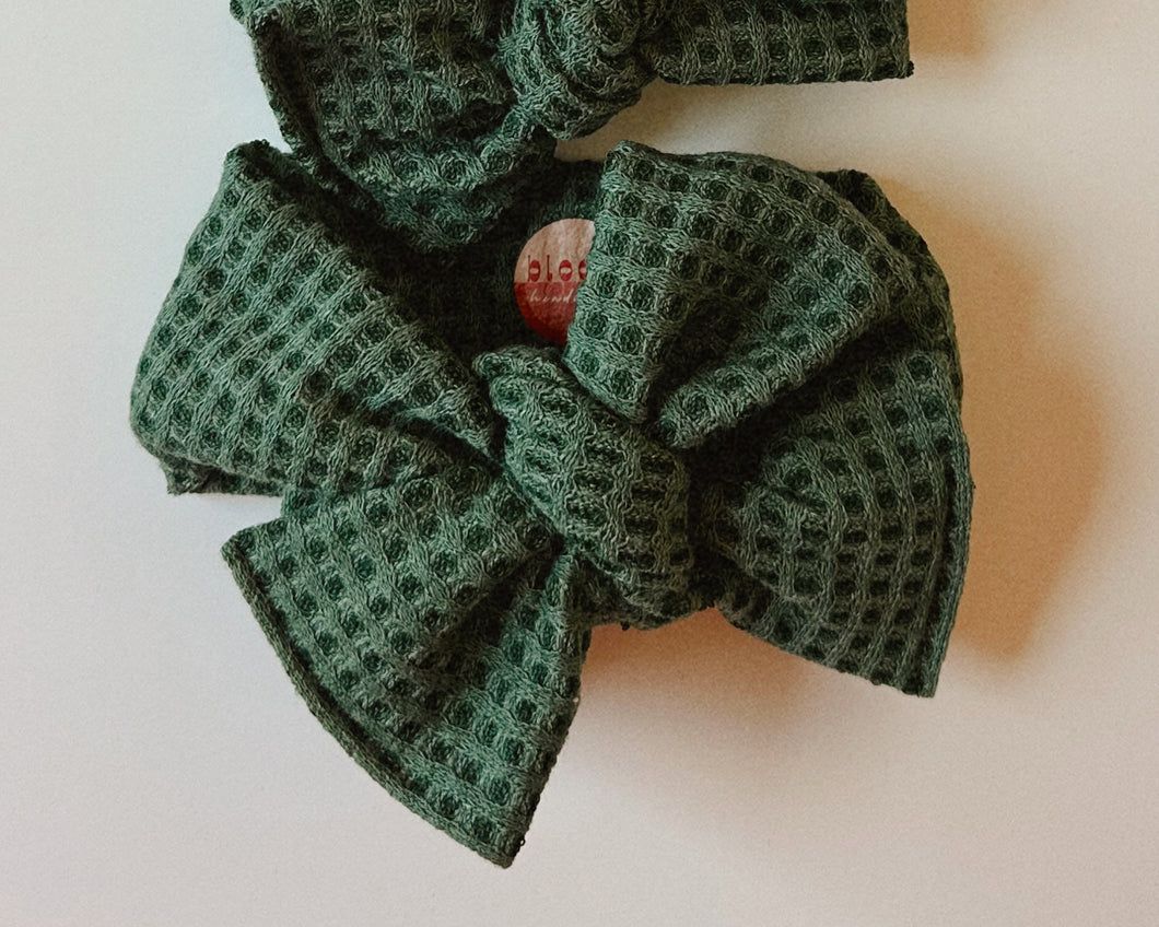 Oversized Bow Forest Green Waffle Tie On Headwrap