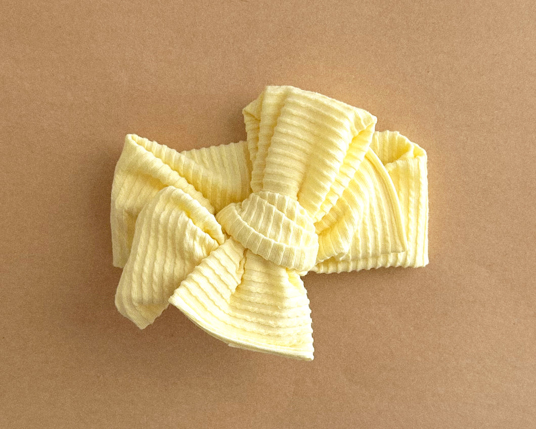 Oversized Bow Pale Yellow Wavy Ribbed Tie On Headwrap