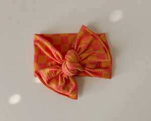 Pink and Orange Checker Tie On Headwrap for baby girl checkered bow