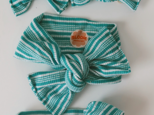 Teal Stripe Ribbed Tie On Headwrap