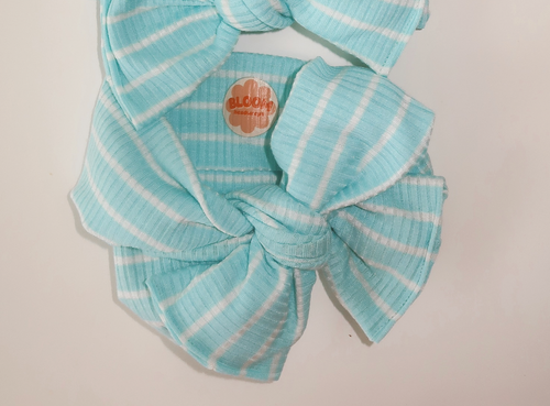 Oversized Bow Turquoise Stripe Ribbed Tie On Headwrap