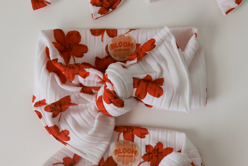 Red Floral Ribbed Tie On Headwrap