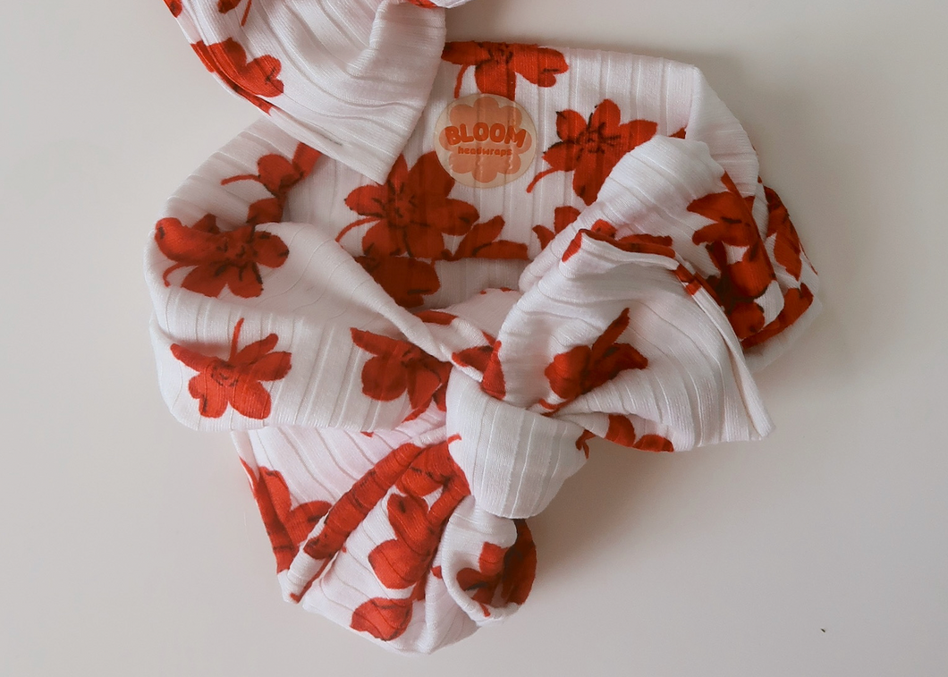 Oversized Red Floral Ribbed Tie On Headwrap