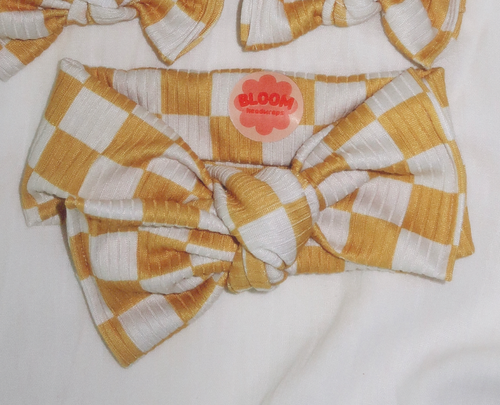 Lemon Drop Check Ribbed Tie On Headwrap