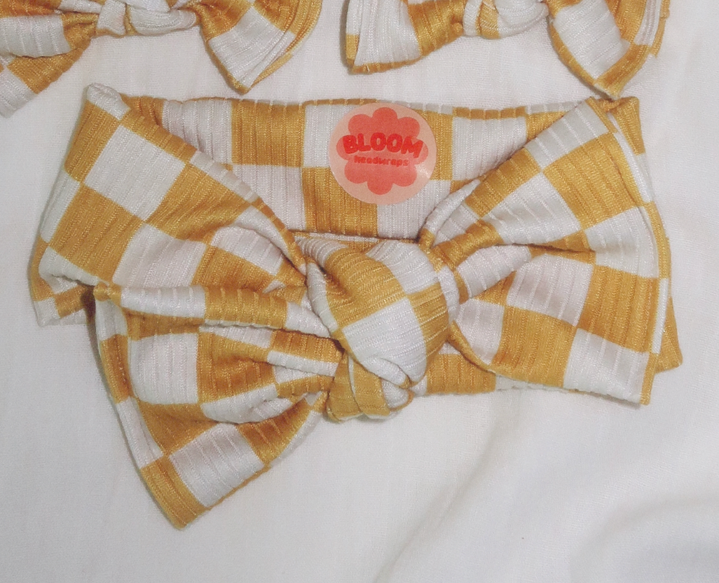 Lemon Drop Check Ribbed Tie On Headwrap