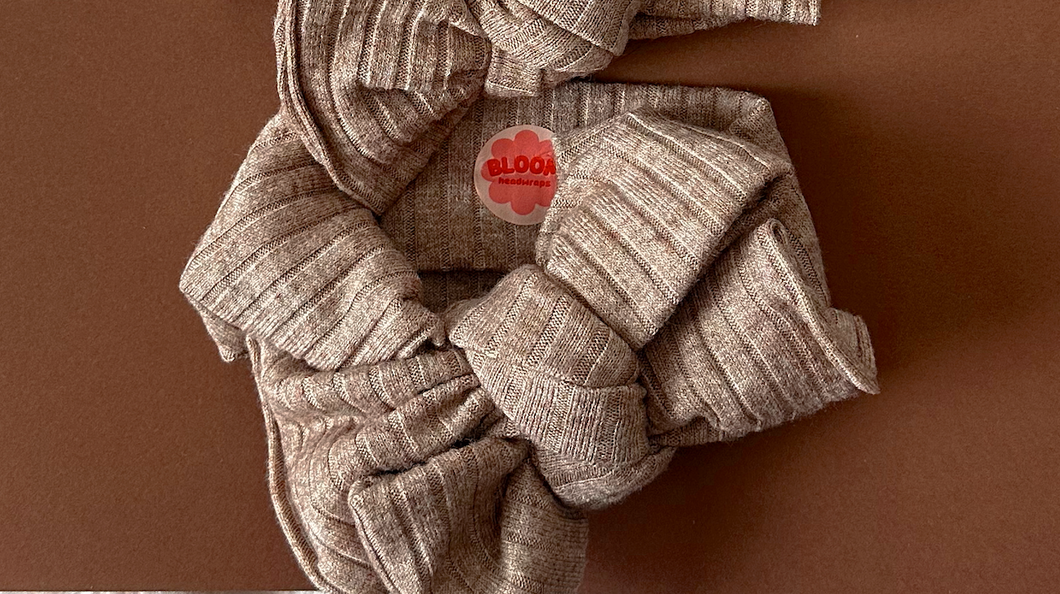 Oversized Bow Camel Fuzzy Ribbed Tie On Headwrap