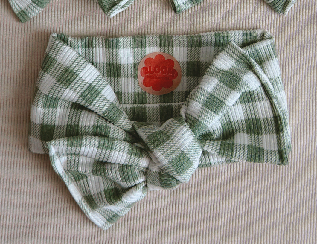 Green Ribbed Gingham Tie On Headwrap