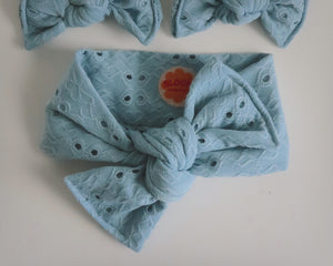 Vintage Blue Eyelet Tie On Headwrap
