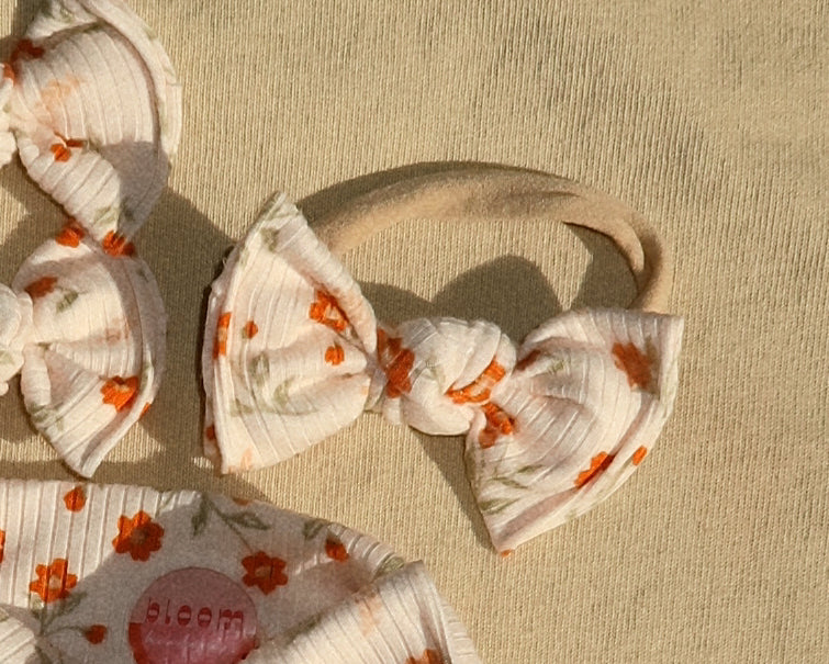 Cream and Orange Dainty Floral Ribbed BloomCLIPS or Nylon Headband