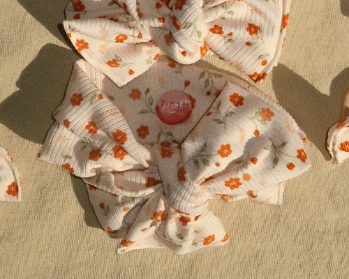Oversized Bow Cream and Orange Floral Ribbed Tie On Headwrap