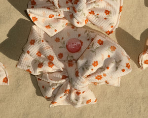 Oversized Bow Cream and Orange Floral Ribbed Tie On Headwrap