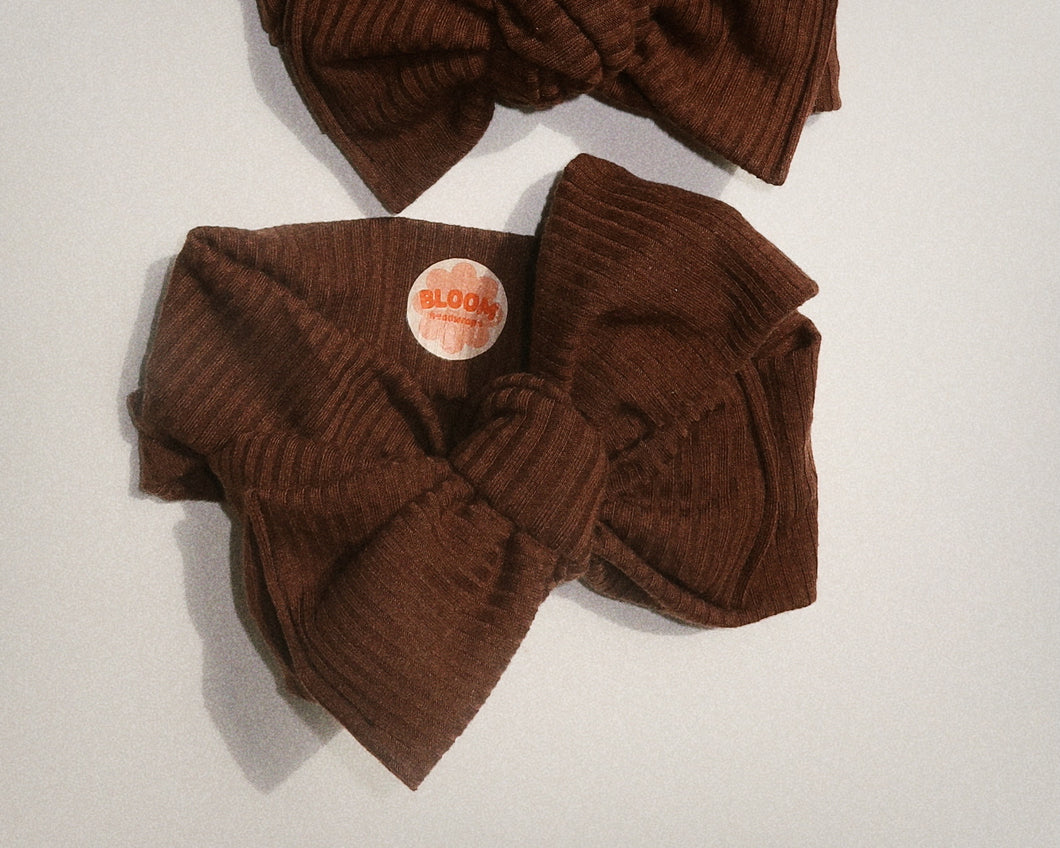 Oversized Bow Chocolate Ribbed Tie On Headwrap