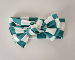 Teal Checker Tie On Headwrap
