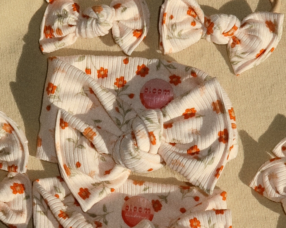 Cream and Orange Dainty Floral Ribbed Tie On Headwrap