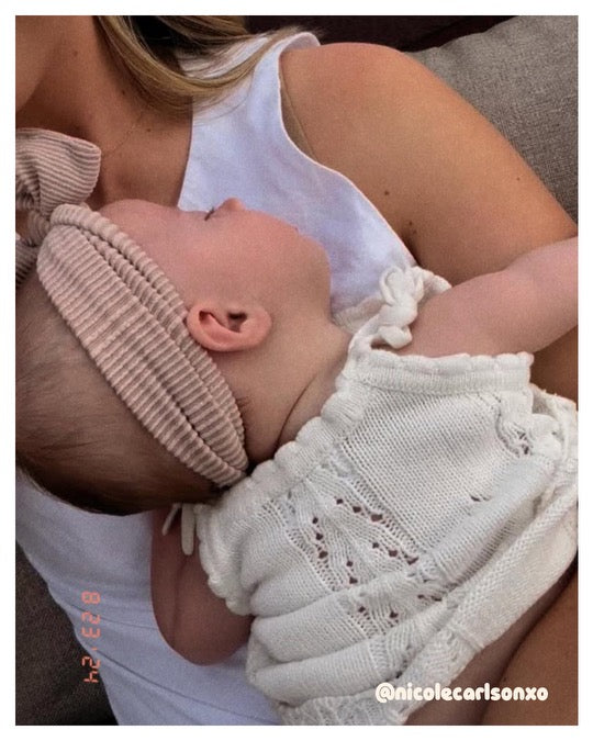 baby girl beige ribbed tie on headwrap bow tan