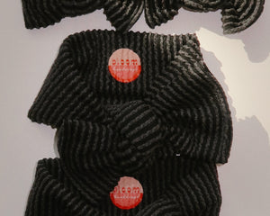 black wavy ribbed tie on headwrap bow baby girl neutrals newborn 