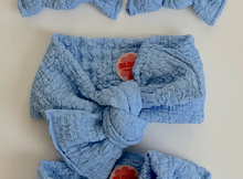 blue texture tie on headwrap bow for baby girl