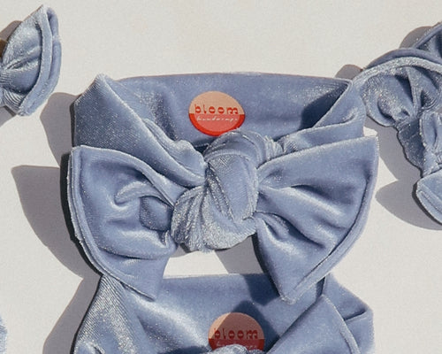 dusty blue velvet tie on headwrap bow for baby girl