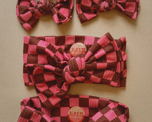 fall checkered ribbed tie on headwrap for baby girl bow