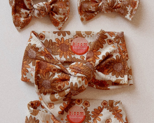 fall floral ribbed tie on headwrap bow for baby girl