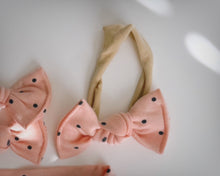 navy and peach polka dots nylon headband for baby girl newborn bow