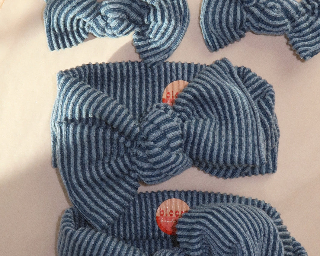 ocean blue wavy ribbed tie on headwrap bow for baby girl
