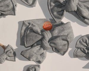 oversized bow gray mini ribbed tie on headwrap baby girl