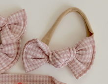 pink blush gingham nylon headband bow for baby girl
