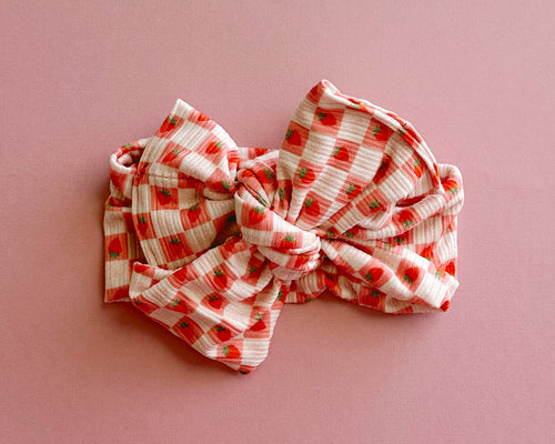 Oversized Bow Strawberry Check Tie On Headwrap