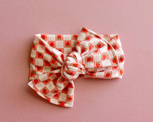 *RESTOCK* Strawberry Check Tie On Headwrap