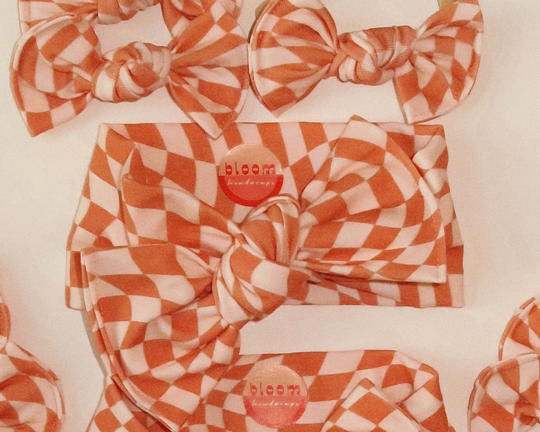 Orange Wavy Checker Tie On Headwrap