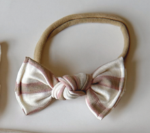 tan and pink stripe nylon headband bow for baby girl