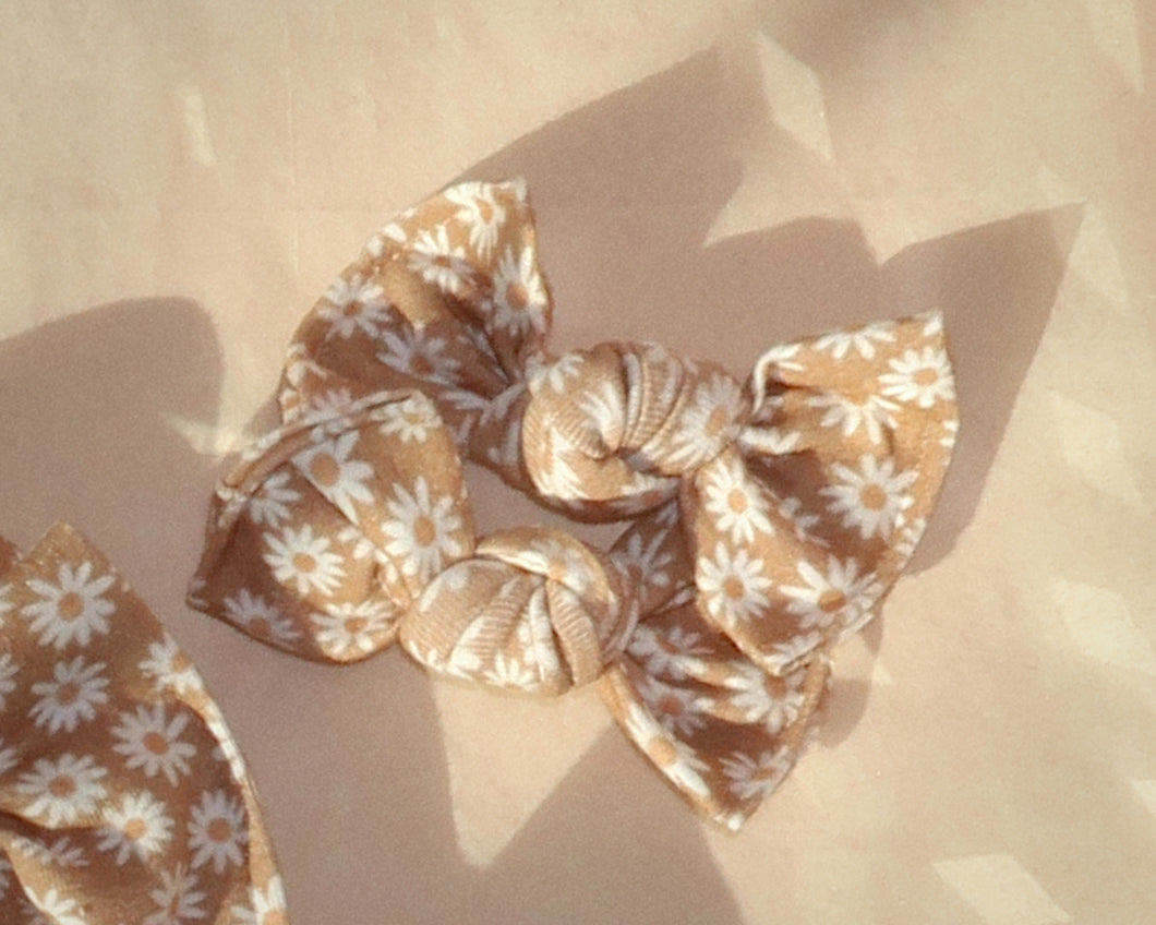 tan camel daisy bloom clips or nylon headband bow baby girl bow