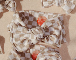 tan checker tie on headwrap bow for baby girl