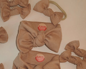 tan mini waffle tie on headwrap neutral baby bows for girls