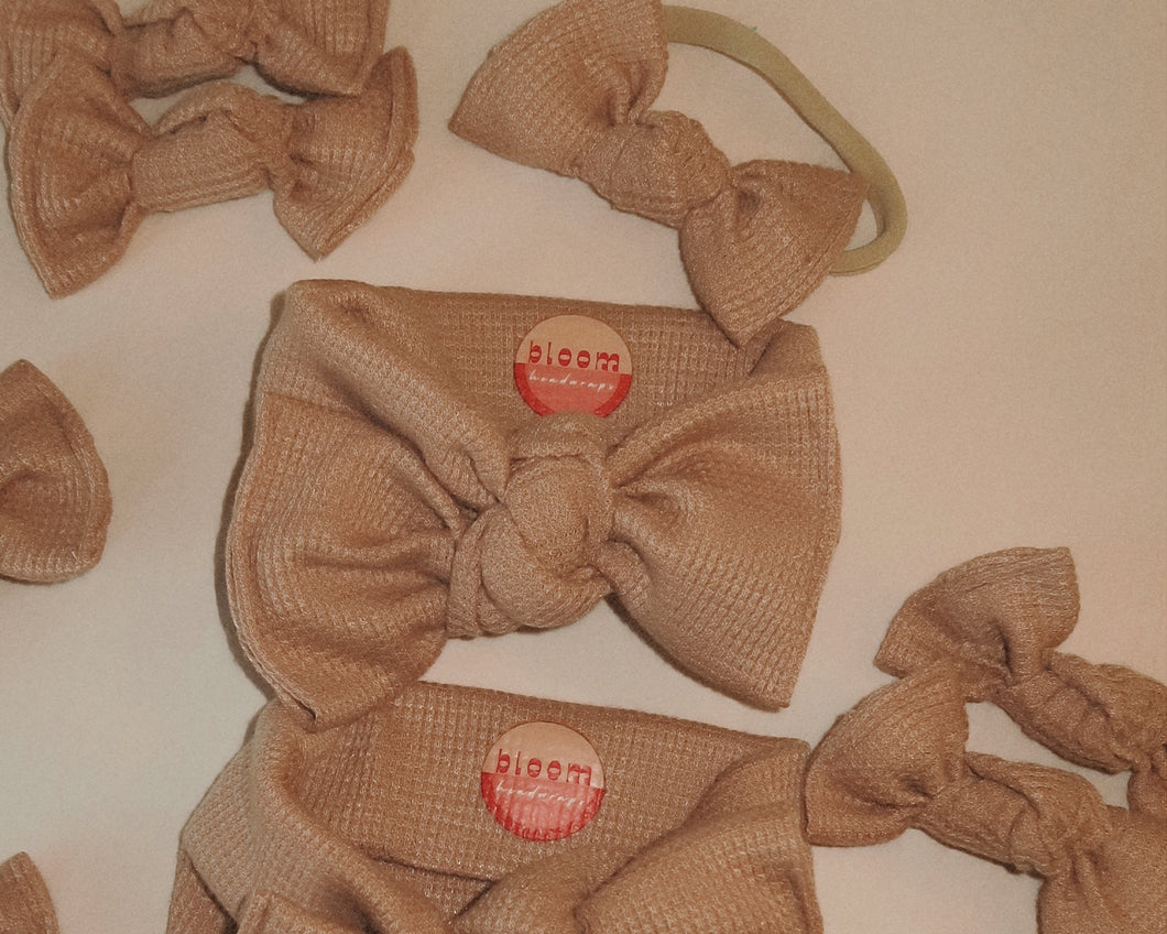 tan mini waffle tie on headwrap neutral baby bows for girls