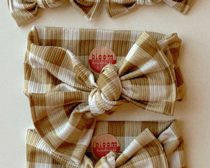 tan plaid ribbed bow for baby girl adjustable headband fall 