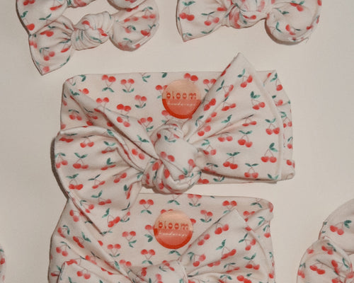 white cherries cherry tie on headwrap bow baby girl