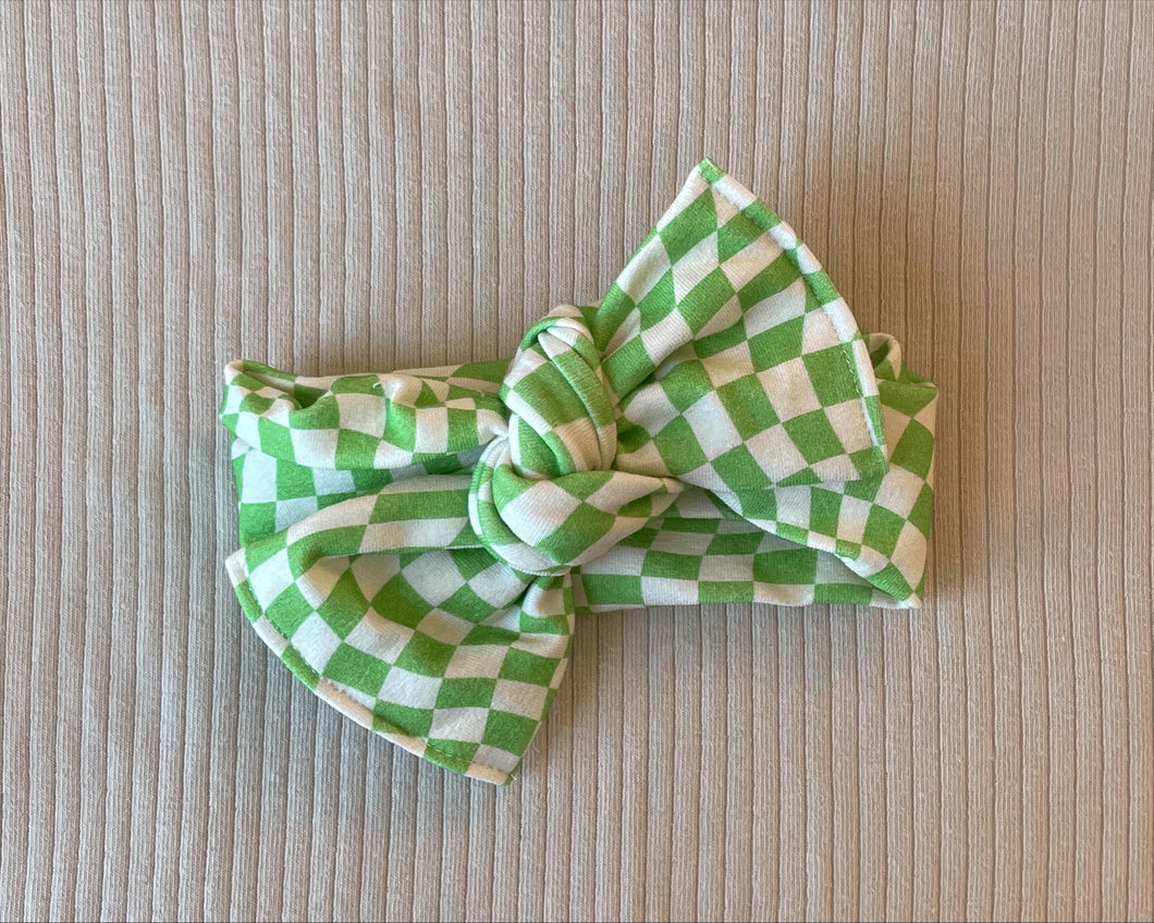 Wavy Check Green Tie On Headwrap